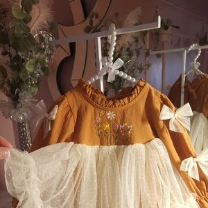 Girls' Mustard and Cream Tulle Dress with Floral Embroidery